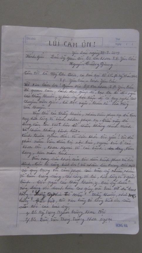 Hình ảnh tin tức Thư cảm ơn của người bệnh điều trị tại Trung tâm Y tế thành phố Yên Bái